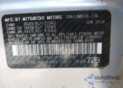 2015 Mitsubishi Mirage Es из США, поврежденный, VIN ML32A4HJXFH004208